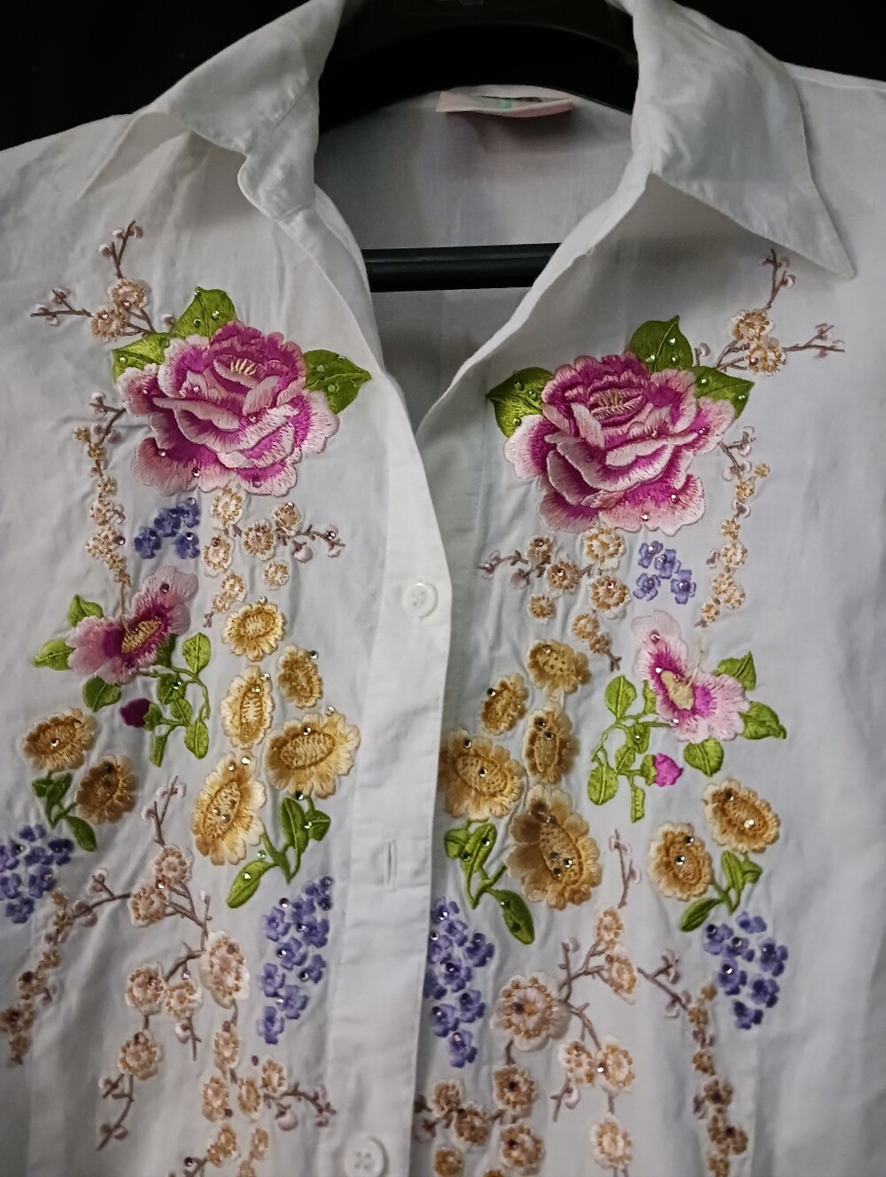 White Floral Embroidered Button-Up Shirt - Pink & Green Accents - Picture 2 of 5